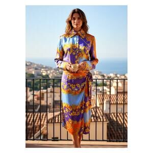 Briefly Robe Paola Midi Dress Size S Made in France Long Sleeves Wrap Skirt